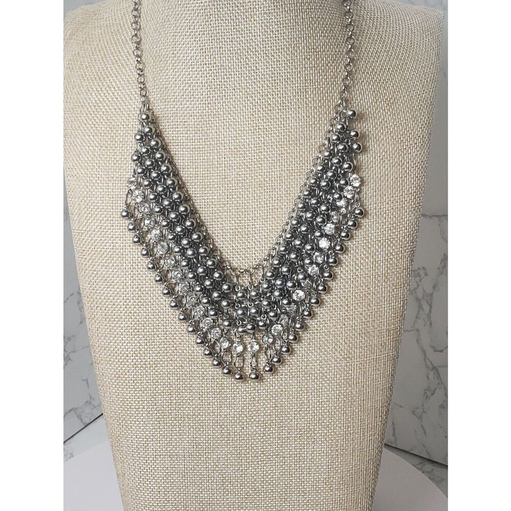 LANE Drape Style Bib Necklace Silver-tone Beads & Crystals